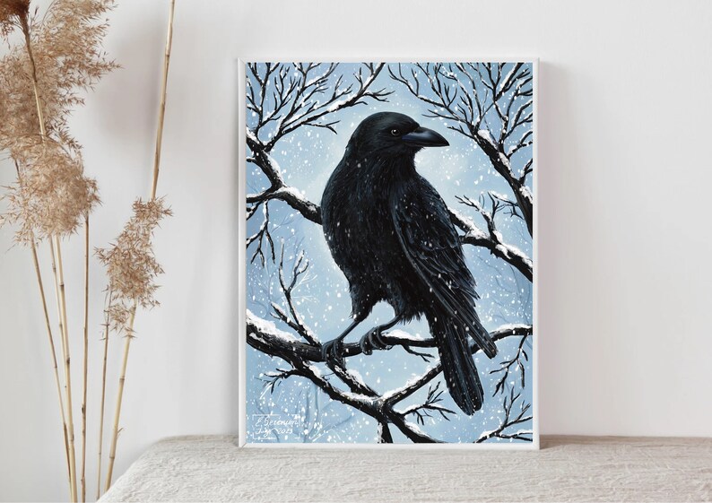 May include: A black crow perched on a snow-covered branch in a wintery scene. The crow is facing to the right and has its wings folded. The background is a light blue with white snow falling.