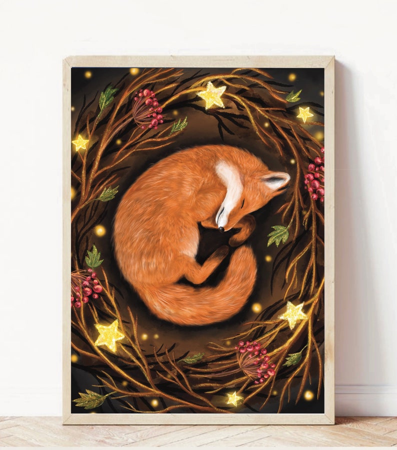 May include: A digital illustration of a red fox curled up asleep in a wreath of branches with glowing stars and red berries.
