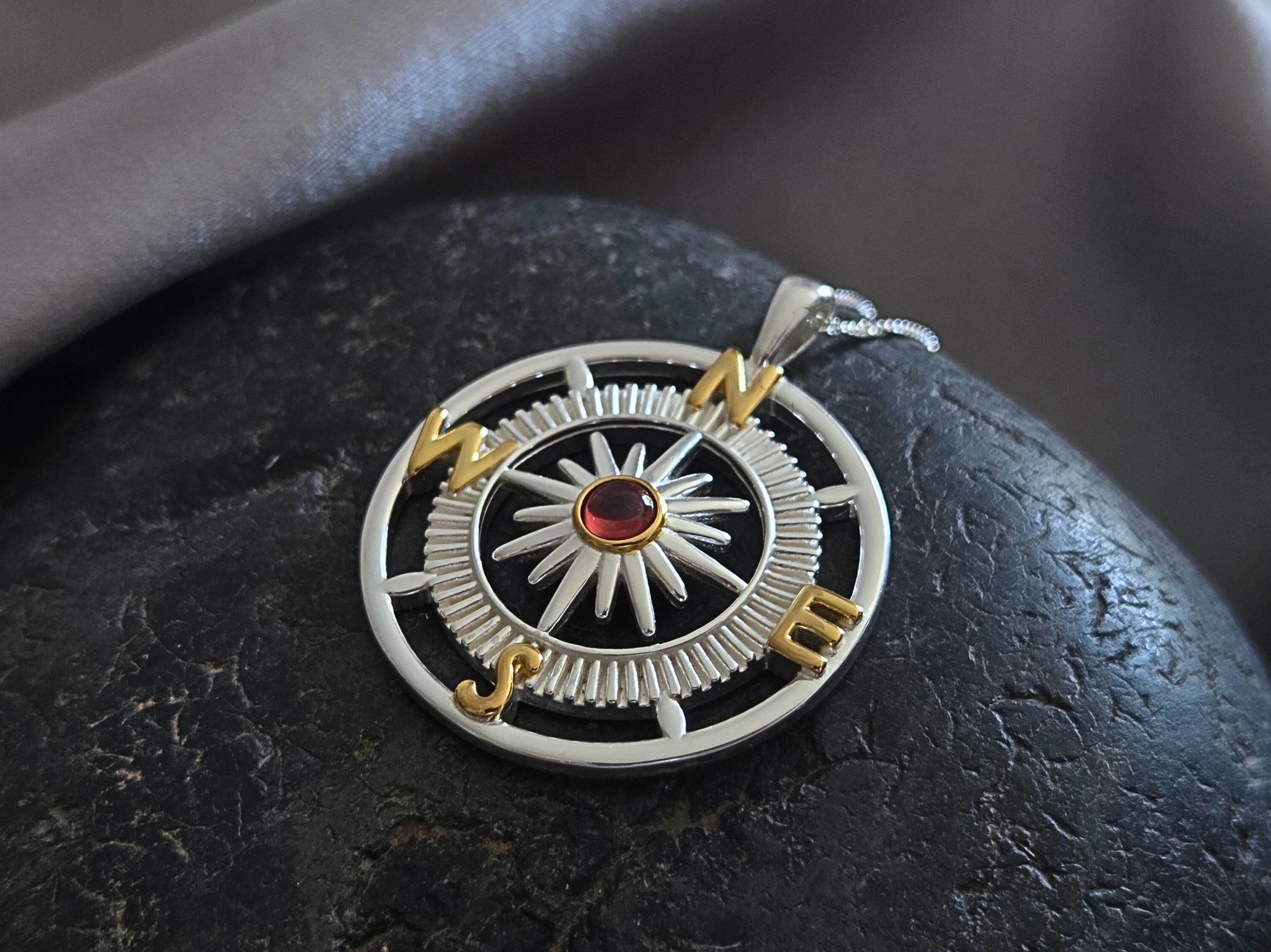 Silver Compass pendant - Compass Jewelry - Navigation Compass with Garnet or Moonstone gemstones - Natural gemstone necklace - Birthstone