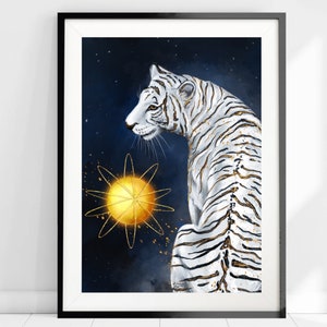 May include: A white tiger with black stripes sits against a dark blue background with a gold starburst behind it. The tiger is looking to the left of the image.