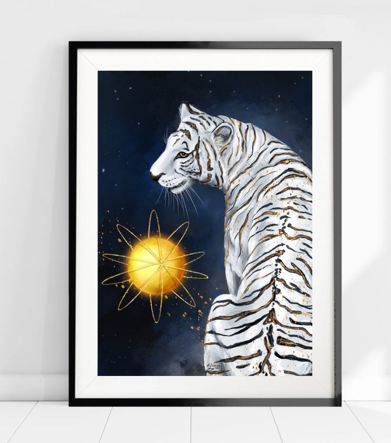 May include: A white tiger with black stripes sits against a dark blue background with a gold starburst behind it. The tiger is looking to the left of the image.