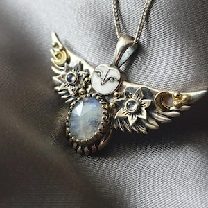 Silver and 18K gold Owl Pendant - Natural gemstone jewelry - Owl necklace -  Spiritual owl pendant - Ruby Amethyst and Moonstone Owl jewelry