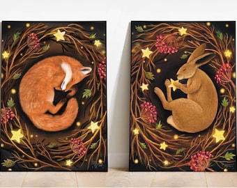 Set of 2 Prints Sleeping Hare and Fox Woodlands | Forest art | Dreamy | Wildlife animals art | Fox art | Folklore art print | A5 A4 A3