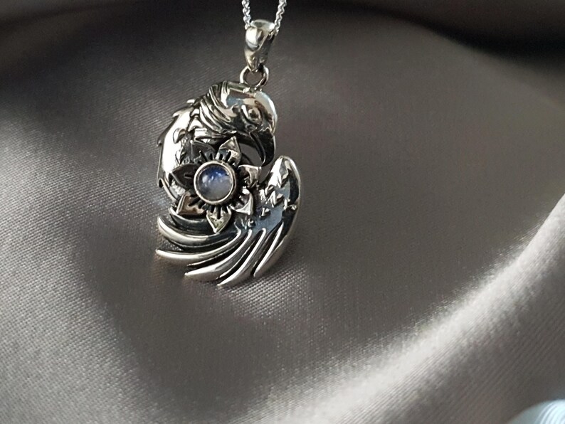 925 Sterling Silver Sleeping Phoenix Pendant - Garnet necklace - Phonix - Silver garnet pendant - gift for her - by SERENUM Moonstone