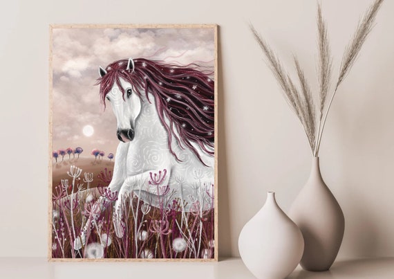 A3 A4 Horse Art print | Horse wall art | Woodland art | Forest animals art | Nursery | Equestrian  art print | White Horse | Horse decor