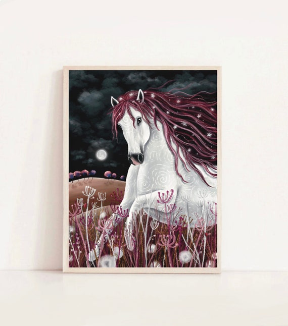 A3 A4 Original Art print | Midnight Horse print  Dreamy Art print | White horse art |  Fantasy Art poster | Wildlife Horse Wall Nursery art