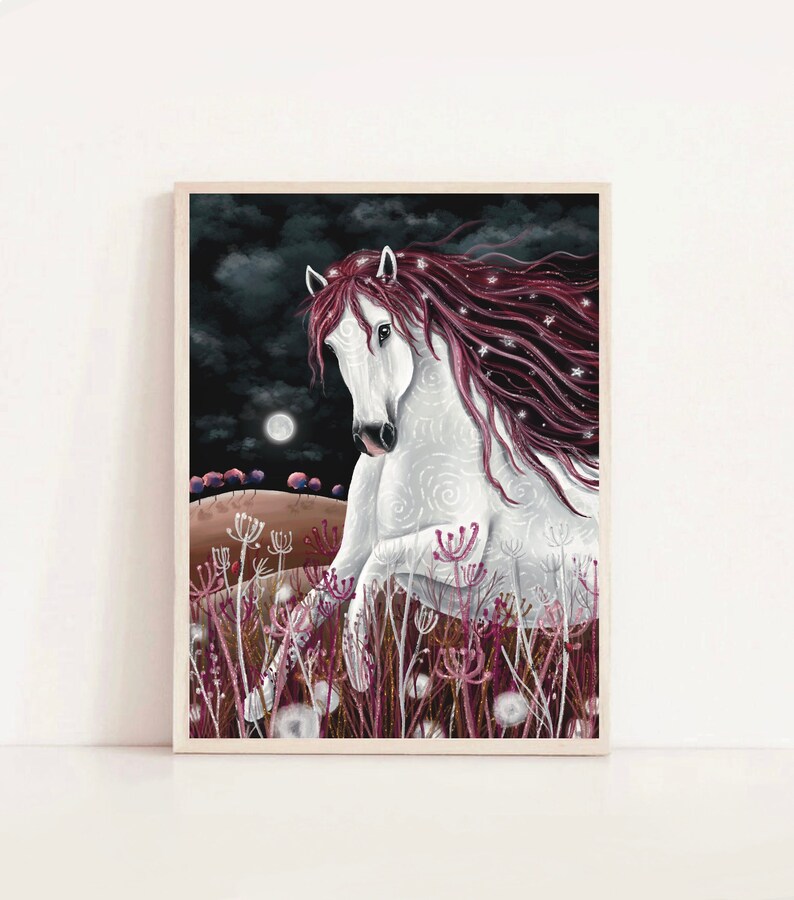 May include: A white horse with a pink mane and tail stands in a field of pink flowers under a starry night sky. The horse has a white swirl pattern on its body and a moon is visible in the background.