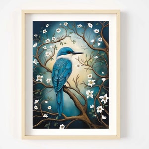 May include: A blue bird with a long, pointed beak sits on a branch of a tree with white blossoms. The background is a dark blue and green gradient.
