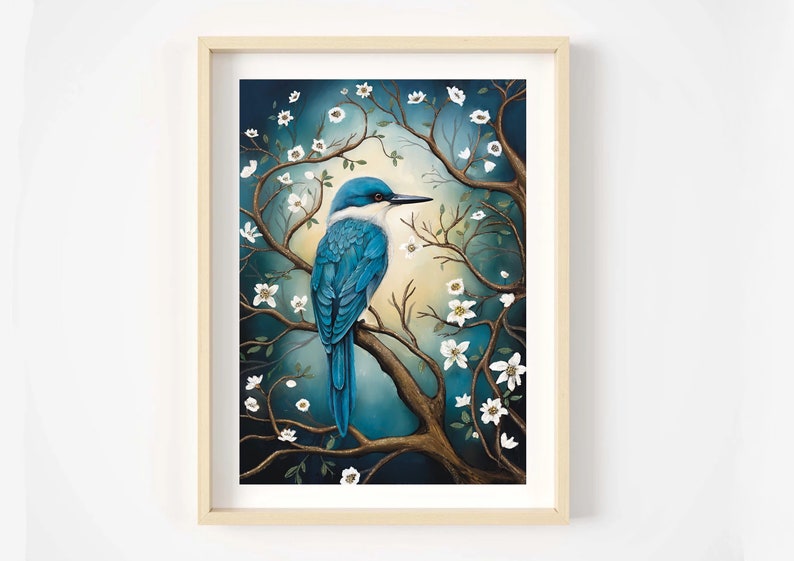 May include: A blue bird with a long, pointed beak sits on a branch of a tree with white blossoms. The background is a dark blue and green gradient.