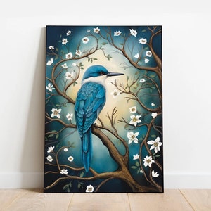 May include: A blue bird with a long tail sits on a branch of a tree with white flowers. The background is a dark blue with a light blue glow.