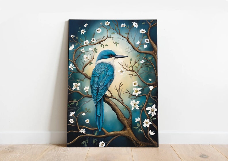 May include: A blue bird with a long tail sits on a branch of a tree with white flowers. The background is a dark blue with a light blue glow.