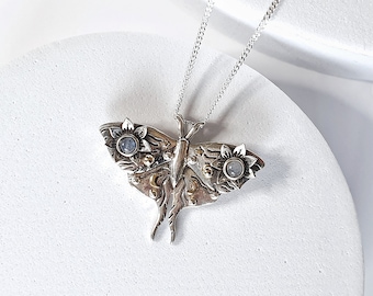 925 Sterling Silver Moth Pendant - Natural Moonstone jewelry - Gift for her -  Night Moth pendant - Birthstone pendant- Gothic Amulet