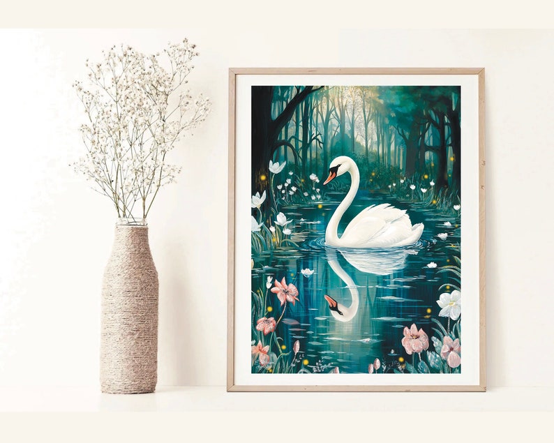 May include: A white swan with a long neck and a black beak swims in a dark blue pond surrounded by green trees and white flowers. The swan's reflection is visible in the water.