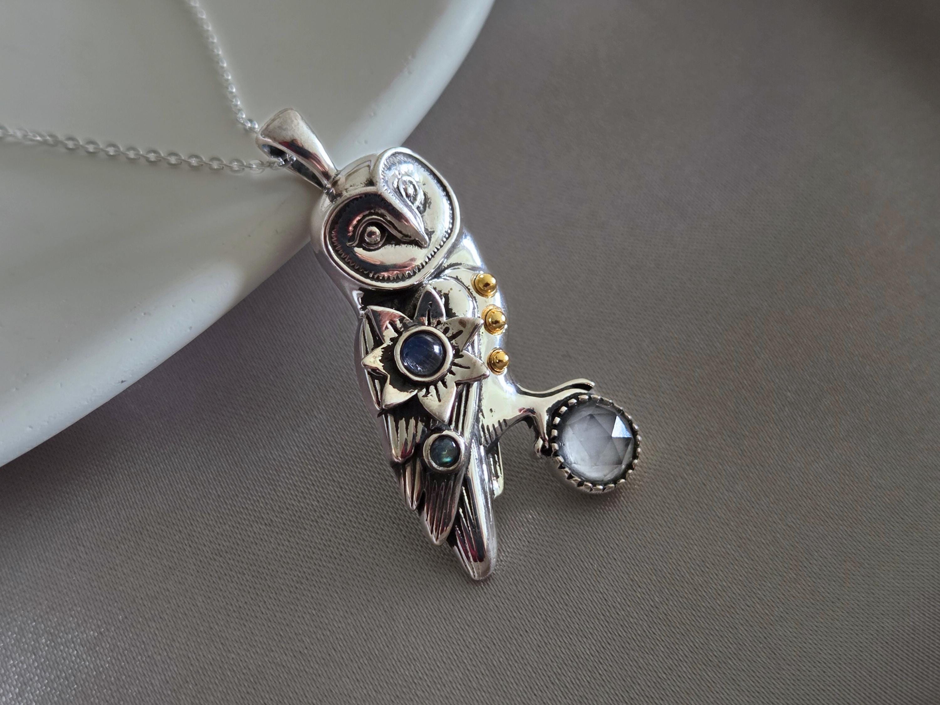 925 Sterling Silver Owl Pendant - Natural Moonstone jewelry - Gift for her -  Cute owl pendant - bir