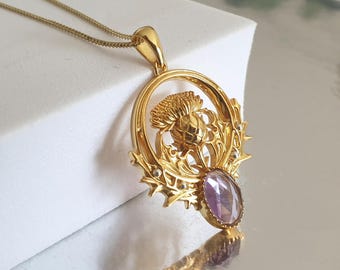 Ciondolo a forma di cardo in oro 18k con ametista naturale - Grazioso ciondolo a forma di fiore - ciondolo con pietra portafortuna - Collana con cardo in oro 18k con pietra preziosa