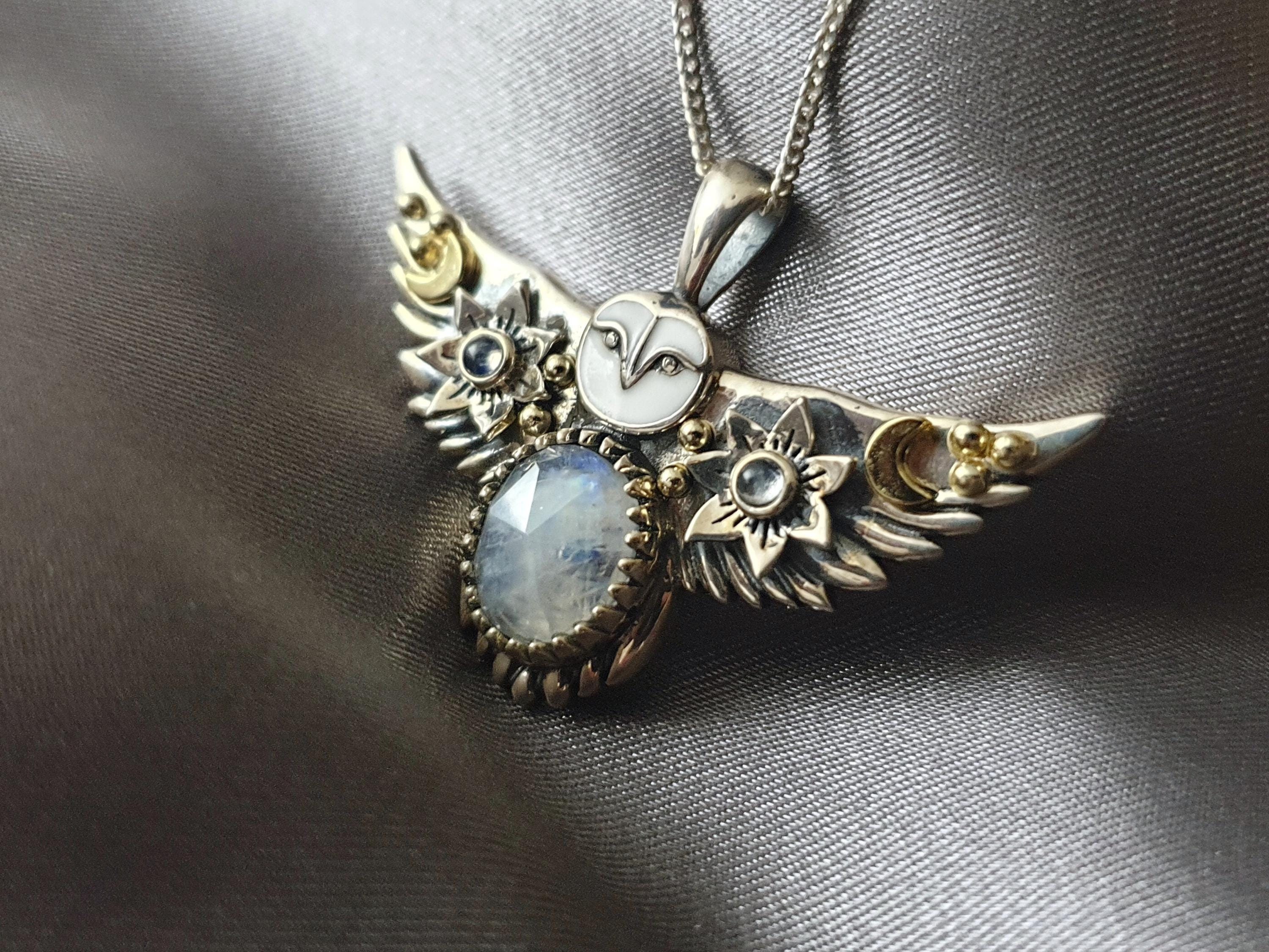 925 Sterling Silver and 18k Gold Owl Pendant - Natural Moonstone jewelry - Gift for her -  Cute owl 