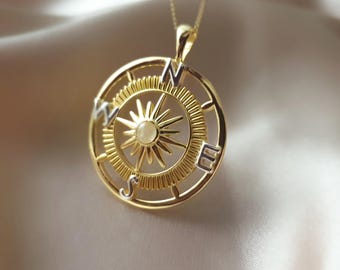 18k Gold Compass Pendant: Moonstone Necklace, Sterling Silver