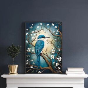 May include: A painting of a blue bird perched on a branch with white blossoms. The bird has a white chest and a long, pointed beak. The background is a soft blue and green.