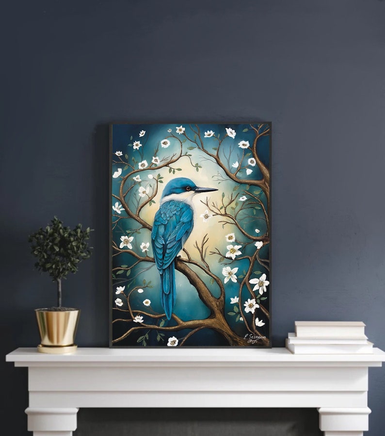 May include: A painting of a blue bird perched on a branch with white blossoms. The bird has a white chest and a long, pointed beak. The background is a soft blue and green.