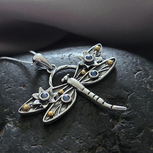 Pu&ograve; includere: Collana con ciondolo a forma di libellula in argento con dettagli blu e dorati. La libellula ha ali dettagliate e un corpo delicato.