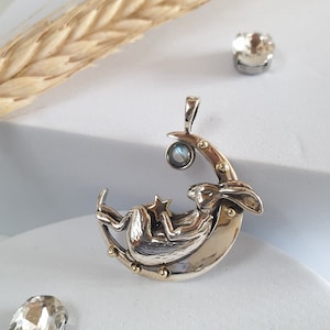 925 Silver Sleeping Bunny Necklace - Natural Moonstone jewelry necklace- Cute Hare pendant - Silver Bunny - Hare Bunny necklace-Gift for her