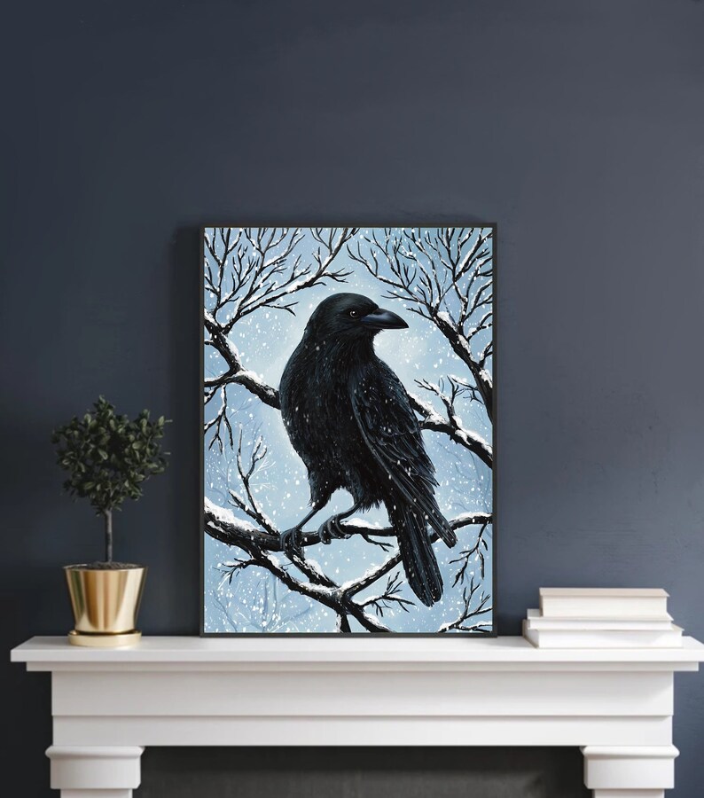 May include: A black crow perched on a snow-covered branch in a wintery forest scene. The crow is facing right and has its wings folded. The background is a light blue with white snow falling.