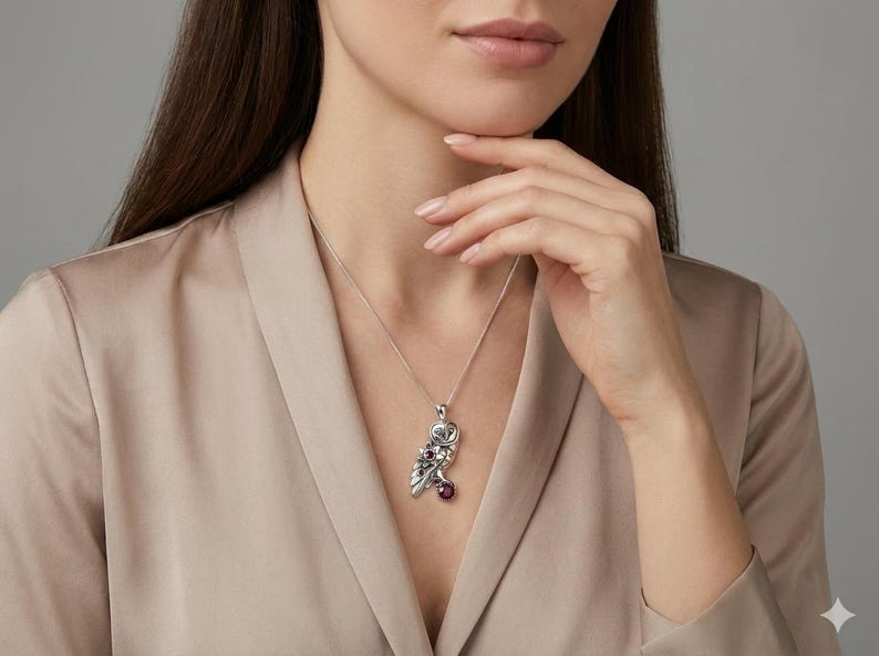 Colgante de búho en plata de ley 925 - Joyas de granate - Colgante de granate con piedra de nacimiento - Colgante de búho encantador - Colgante con piedra de nacimiento - Collar de búho femenino imagen 4