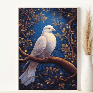 May include: A white dove with a light pink hue perched on a branch with golden leaves. The dove is surrounded by a dark blue background with glowing yellow lights.