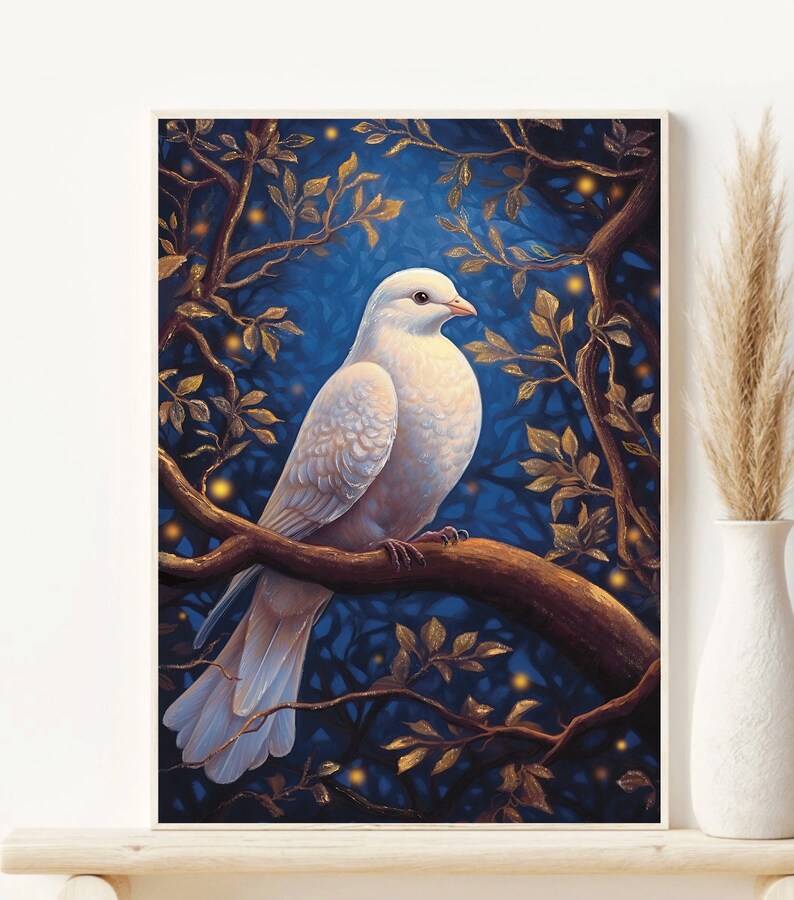 May include: A white dove with a light pink hue perched on a branch with golden leaves. The dove is surrounded by a dark blue background with glowing yellow lights.