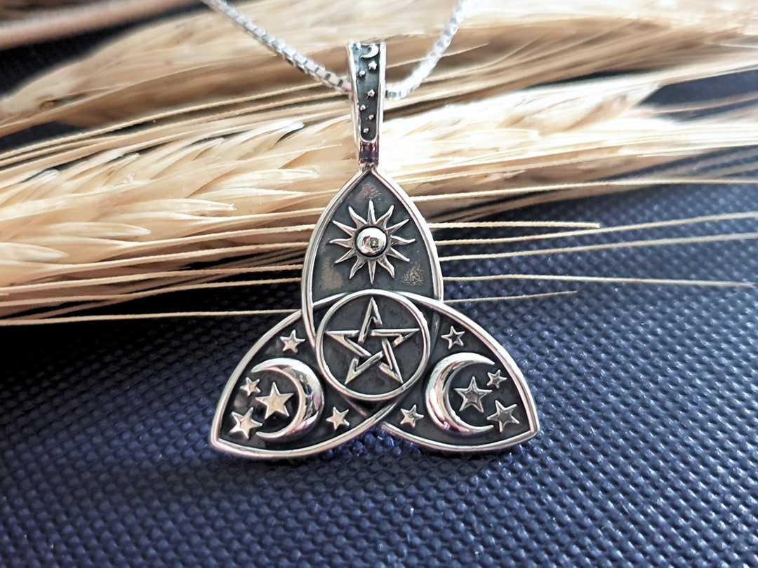 925 Sterling Silver Triple Moon Triquetra Pendant Pagan Pentagram ...