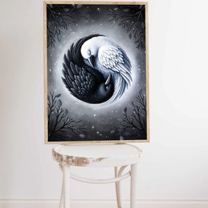 May include: A framed painting of two birds, one black and one white, forming a yin yang symbol. The birds are surrounded by a starry night sky with branches and leaves.