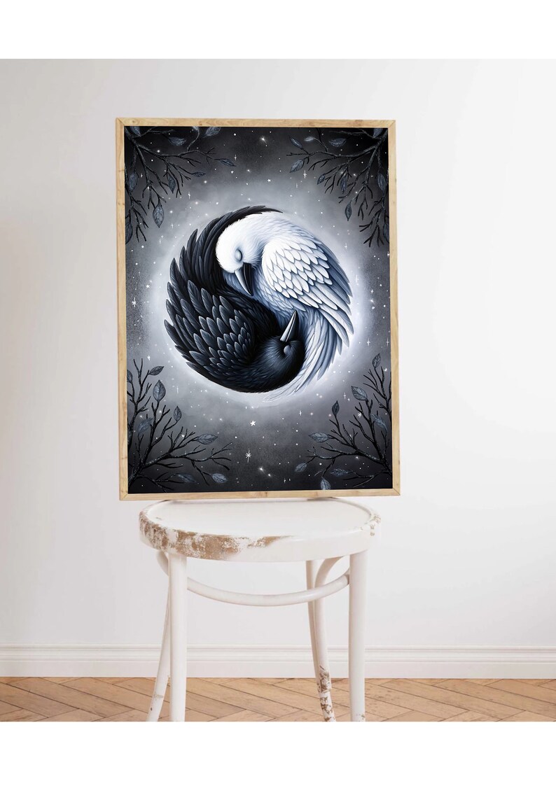 May include: A framed painting of two birds, one black and one white, forming a yin yang symbol. The birds are surrounded by a starry night sky with branches and leaves.