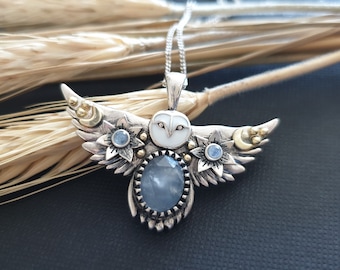 925 Sterling Silver Owl Pendant - Natural Moonstone jewelry - Gift for her -  Cute owl pendant - birthstone pendant- Witchcraft Amulet