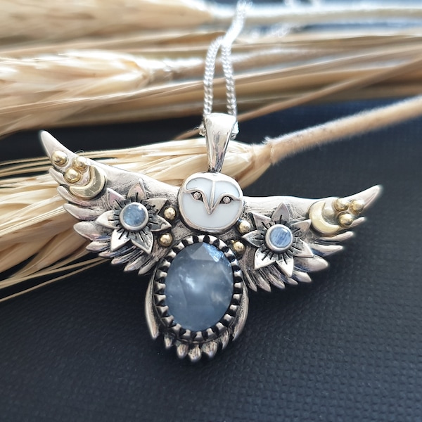 925 Sterling Silver Owl Pendant - Natural Moonstone jewelry - Gift for her -  Cute owl pendant - birthstone pendant- Witchcraft Amulet