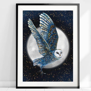 May include: A blue and gold owl with white feathers flies in front of a full moon against a dark blue background with gold glitter.