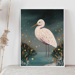 May include: A white egret stands in a body of water with a dark blue background. The egret is surrounded by tall green reeds and glowing yellow fireflies.