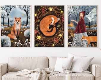 A2 A3 Large Set of 3 art prints | Woodlands | Forest art | Dreamy | Wildlife animals art | Fox art | Hare art | Owl art print | Prints