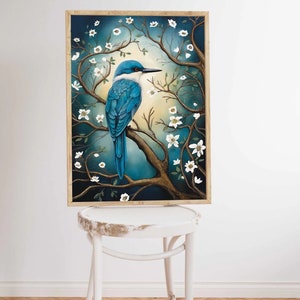 May include: A framed painting of a blue bird perched on a branch with white blossoms. The background is a dark blue with a hint of yellow.