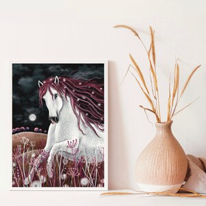 May include: A white horse with a long, flowing mane of pink and purple runs through a field of white flowers under a dark night sky with a full moon.