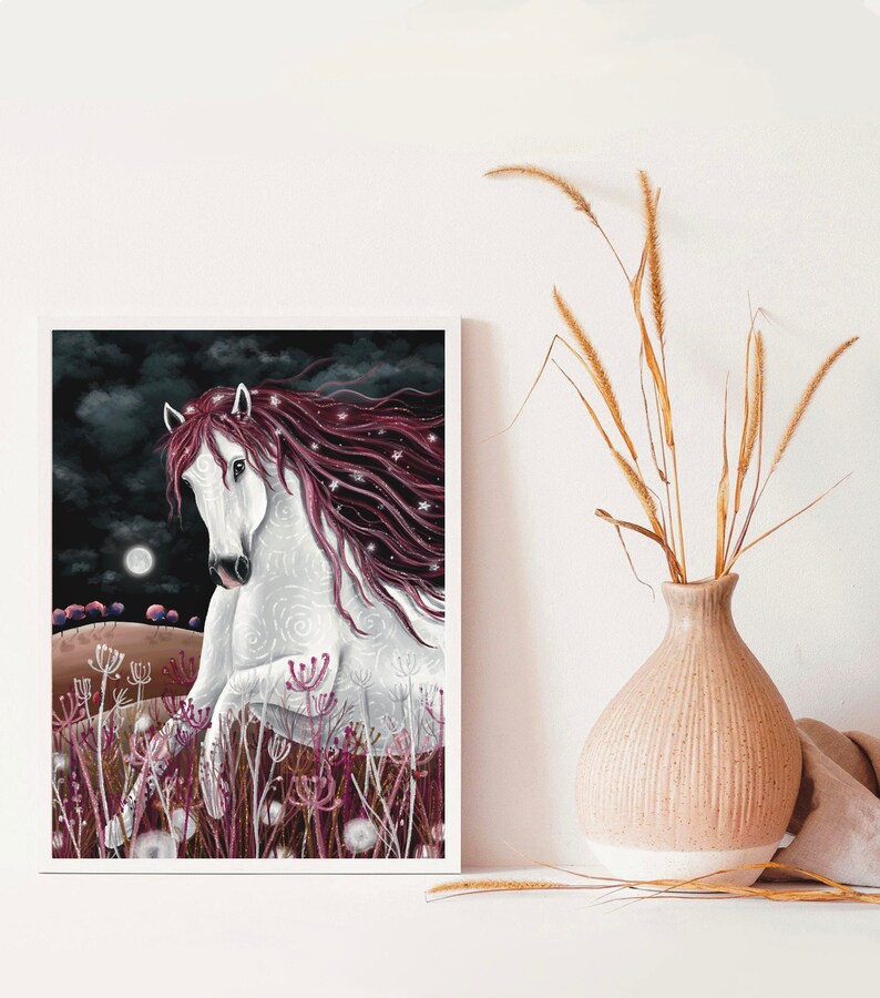 May include: A white horse with a long, flowing mane of pink and purple runs through a field of white flowers under a dark night sky with a full moon.