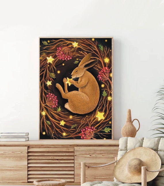 A4 A5 Sleeping cute hare bunny | Fantasy Art | Animal poster | Woodlands art Forest art | Hare painting | Dreamy | Folklore | Whimsical art