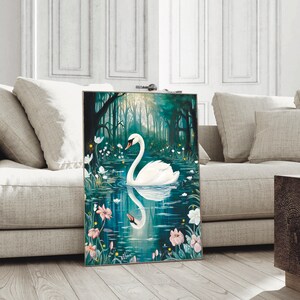 May include: A white swan floats serenely on a still pond in a dark forest. The water is a deep teal colour and the swan's reflection is visible. The forest is filled with green trees and white flowers.