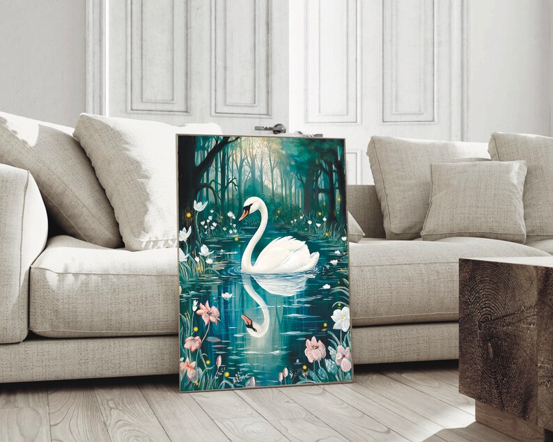 May include: A white swan floats serenely on a still pond in a dark forest. The water is a deep teal colour and the swan's reflection is visible. The forest is filled with green trees and white flowers.