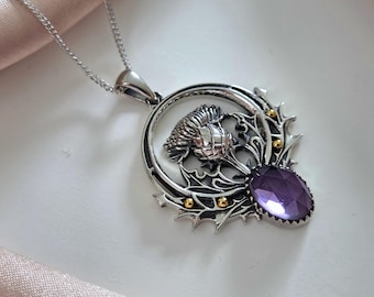 925 Sterling Silver Thistle Pendant - Amethyst Thistle jewelry - Flower pendant - Thistle necklace - birthstone necklace - Scottish Thistle