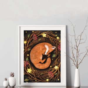 May include: A digital illustration of a red fox curled up asleep in a wreath of branches with glowing stars and red berries.