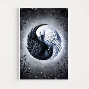 May include: A black and white crow and raven in a yin yang symbol against a starry night sky background.