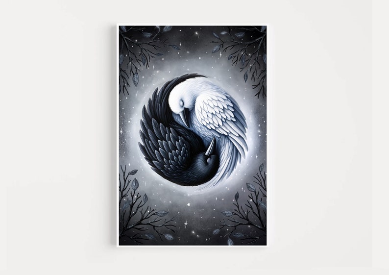 May include: A black and white crow and raven in a yin yang symbol against a starry night sky background.