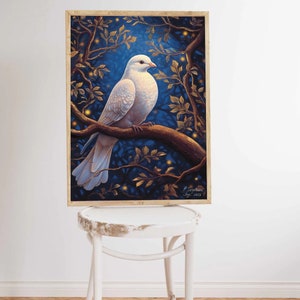 May include: A white dove perched on a branch with golden leaves against a dark blue background. The dove is facing right and has its wings folded. The background is filled with small, glowing lights.