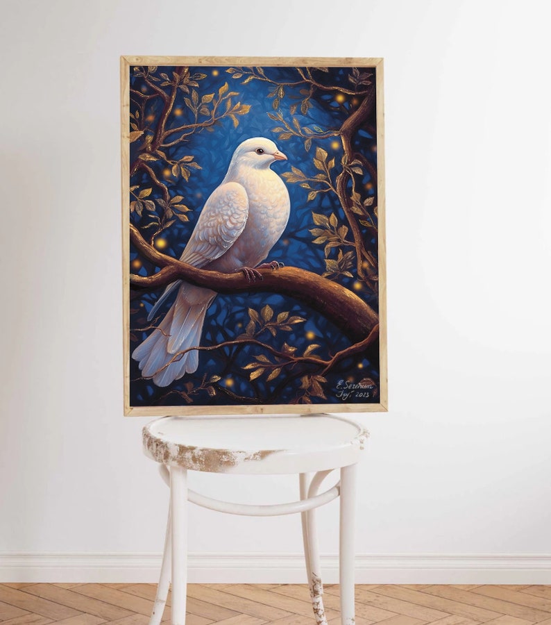 May include: A white dove perched on a branch with golden leaves against a dark blue background. The dove is facing right and has its wings folded. The background is filled with small, glowing lights.