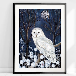 A3 Set of 2 prints - Owl art prints - Dreamy Art - Wildlife poster - Night Moon Whimsical art Owl print - Barn owl - Folklore art